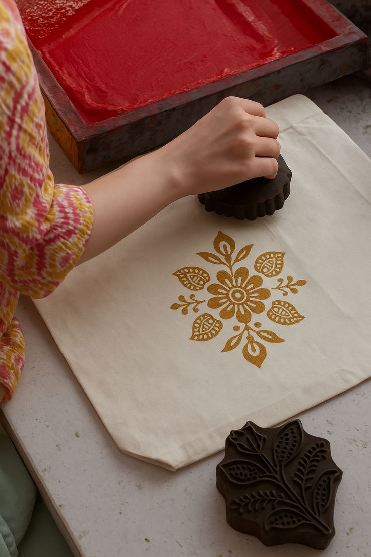 Handcrafted block print artwork with decorative patterns